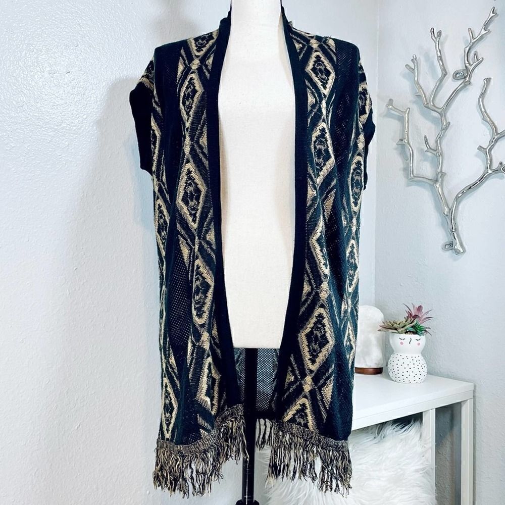Cotton Emporium Brown Black Short Sleeve Fringe Cardigan Medium